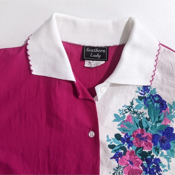 Vtg Women's Floral Shirt M Medium Pink Blue Flowers Color Block Blouse Art Pop - Picture 5 of 9